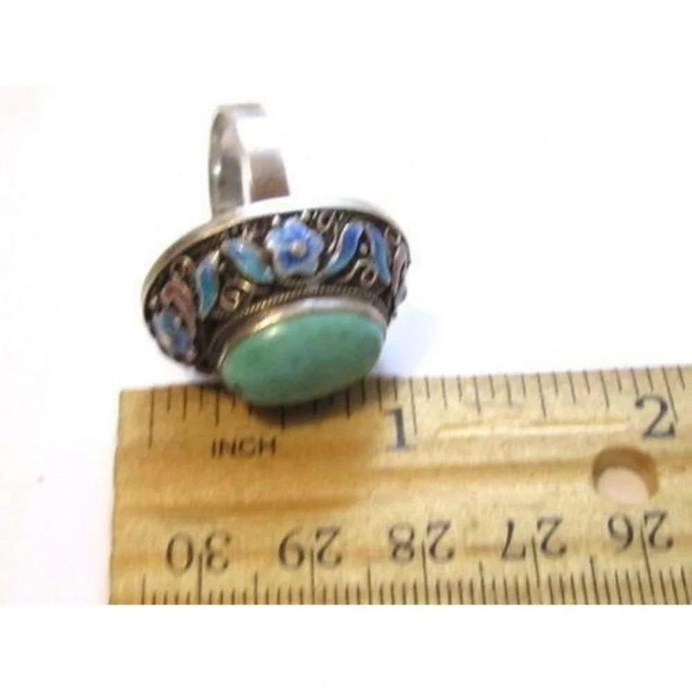 Vintage Chinese Export Enamel Flower 925 St Silver‎ Turquoise Ring*9.25